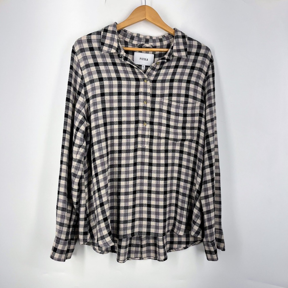 Pistola‎ Womens XL Black White Plaid Button Back Roll Tab Sleeve High Low Top